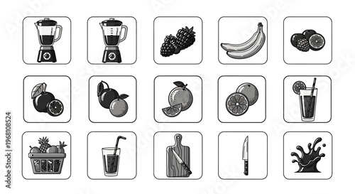 Healthy Food and Beverage Preparation: Illustration of Fruits, Juices, and Kitchen Tools