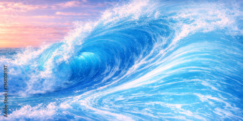 Abstract blue water wave design reflecting a summer sun over a serene ocean horizon under a bright cloudscape and light blue heaven