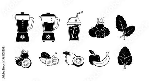 Healthy Smoothie Ingredients and Blender Icons in a Monochromatic, Modern Flat Design