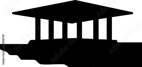 Black silhouette of open pavilion with pillars on raised platform over a cliff edge transparent background.