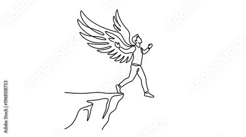 Person Stepping Off Cliff With Wings Unfurling, Leap of Faith Concept, Single Line Art