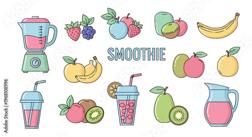 Colorful illustration of smoothie ingredients and tools, perfect for healthy living