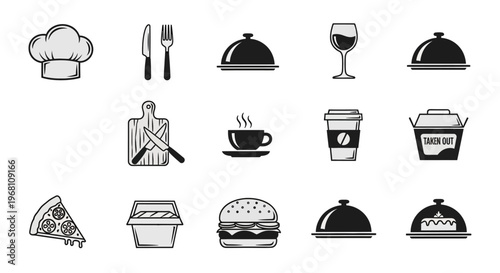 Culinary Icons: Vector illustrations of restaurant and food-related symbols