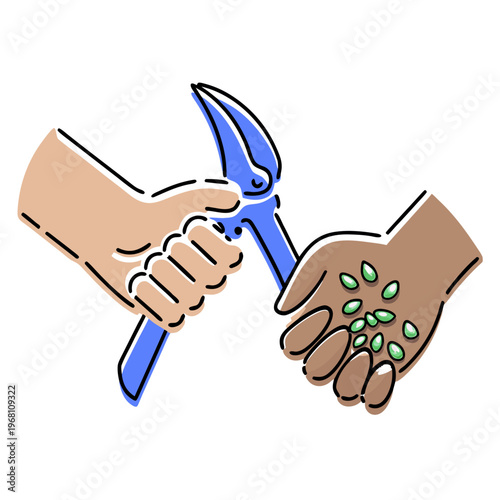 Hands exchanging gardening tools and seeds in collaborative effort  