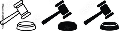 Three different style gavel and block icons for law and justice concepts  courtroom symbols
