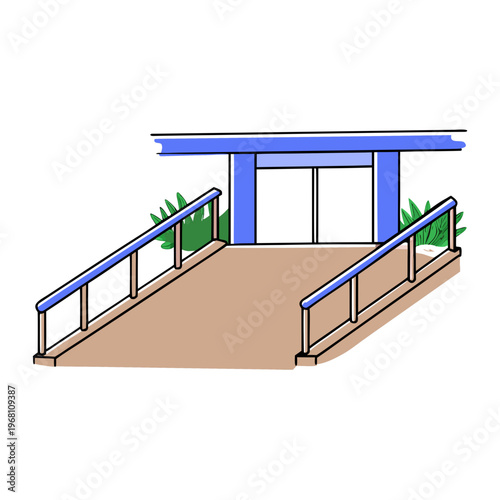 Accessible ramp entrance with railings and surrounding greenery  