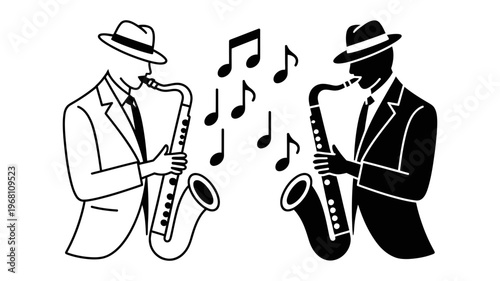 Two stylized men, one outlined and one solid, playing saxophones with musical notes floating around them.