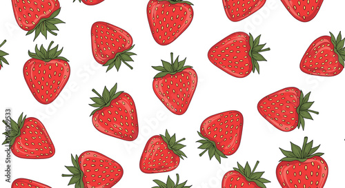 Hand-Drawn Strawberry Pattern Illustration Set with Fresh Red Berries and Green Leaves for Food, Summer, and Nature Designs