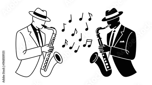 A pair of stylish musicians, one in outline and one solid, playing their saxophones surrounded by floating musical notes.
