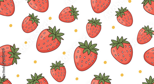 Hand-Drawn Strawberry Pattern Illustration Set with Red Berries, Green Leaves, and Yellow Dots for Fresh and Organic Designs