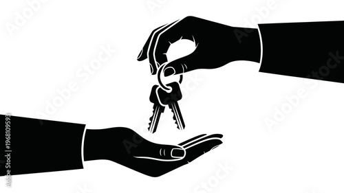 Two distinct hands exchange a set of house keys, signifying a transaction or transition.