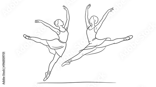 Two dynamic ballerinas performing an expressive leap with arms raised, creating energy and coordinated movement.