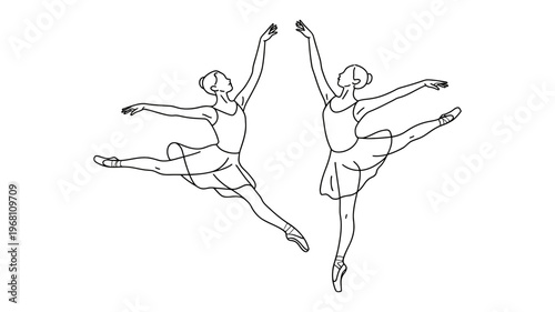 Two graceful ballerinas performing a synchronized leap with arms and legs extended, reflecting elegance.