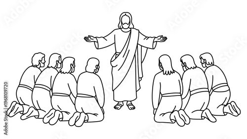 A line art illustration depicting Jesus Christ standing with outstretched arms before his kneeling disciples.