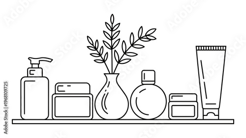 A minimalist collection of skincare products arranged on a shelf, complemented by a vase with dense foliage.