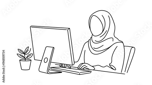 A clean line art illustration of a focused Muslim woman in a hijab working intently on her desktop computer.