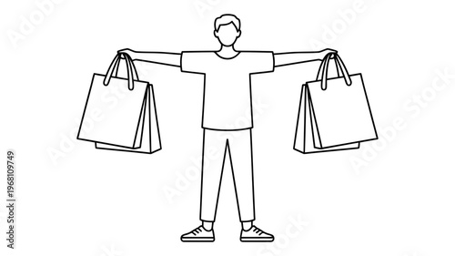 A simple line art illustration of a man cheerfully holding multiple shopping bags with outstretched arms.