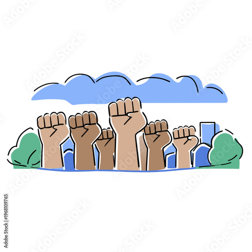 Hands raised in protest against blue sky and urban background  