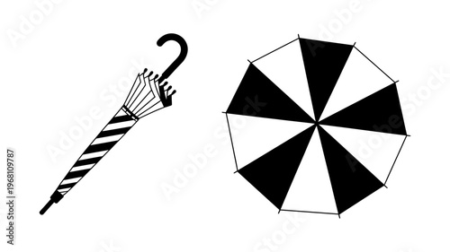 A unique two-part illustration features a closed umbrella alongside an open one with a slightly asymmetrical pattern.