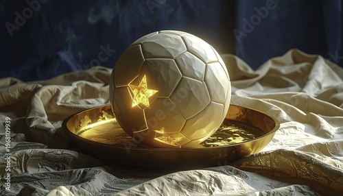 Futuristic Soccer Ball with Glowing Stars on a Gold Plate