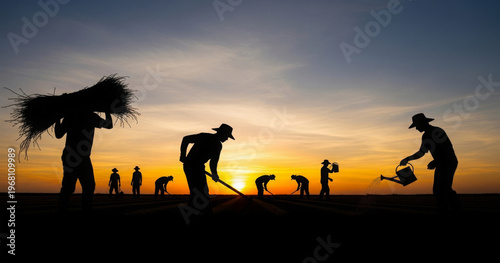 Silhouettes of diligent farmers performing strenuous agricultural labor in expansive fields during a captivating sunset, embodying hard work and rural life