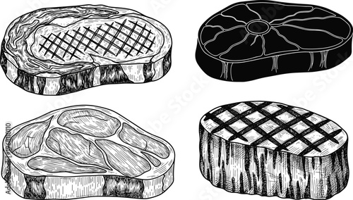 A detailed illustration showcases four different cuts of raw steak rendered in a vintage sketch like style with varying perspectives high quality professional