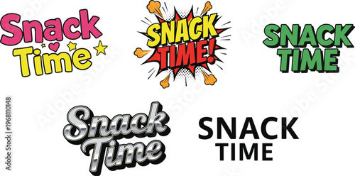 A vibrant collection of snack time text designs is presented showcasing varied fonts and comic book style bursts high quality professional detailed modern