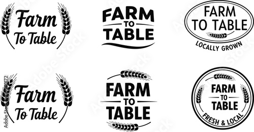 A collection of farm to table logos and illustrations featuring wheat stalks text and decorative oval frames high quality professional detailed modern elegant