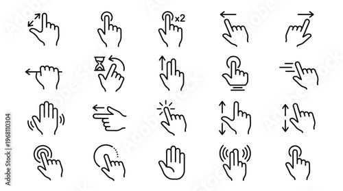 Technology touch gesture element pack, minimalist line style, swiping motions, tapping, pinching, scrolling, and clicking