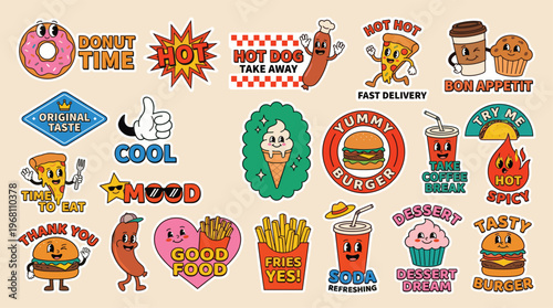 Fast food and snacks sticker set in a playful retro style, featuring burgers, pizza, hot dogs, sweet treats, soda, and fries
