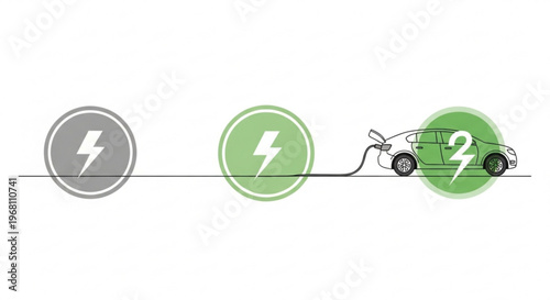 Electric vehicle charging progress stages visualized with stylized lightning bolt icons and a simplified car silhouette connected to a power source illustrating energy