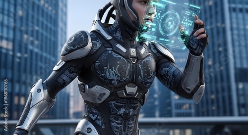Future human soldier in armored suit engaging with a high-tech augmented reality display, representing cutting-edge technology and digital transformation in an urban setting