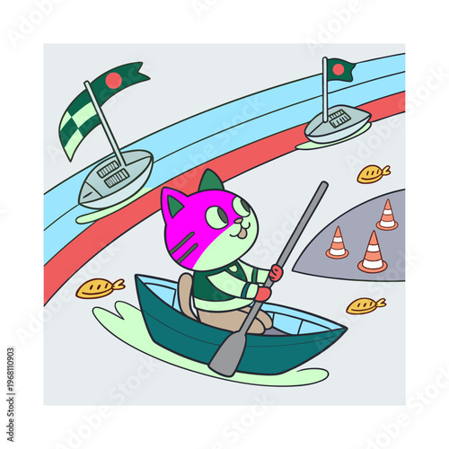 simple cat playing by bamboo, boat and ball illustration or design templates for kids