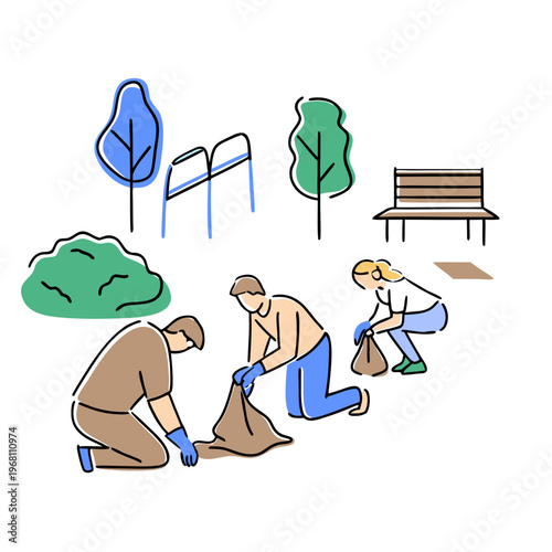 Community members cleaning up park while collecting trash in bags  