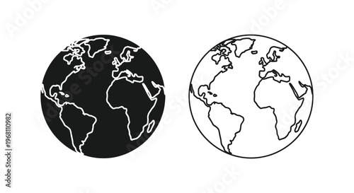 Earth Globe Black and White Line Art Illustration Vector