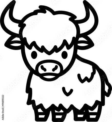 Cartoon yak with big horns standing.