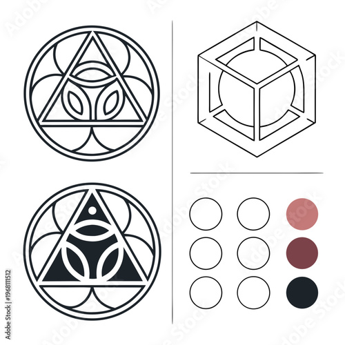 Sacred geometry alchemy symbols and mystical line art icons collection for esoteric design projects with ancient cosmic patterns and ritual emblems.