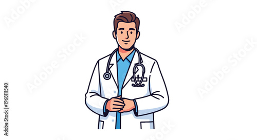 Male doctor cartoon illustration with stethoscope and white coat, embodying professional healthcare and medical support for patients. Friendly and