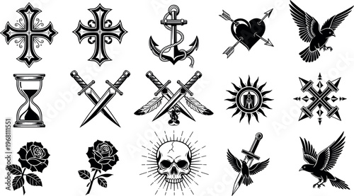 Hand-Drawn Tattoo Design Illustration Set with Crosses, Swords, Roses, Eagles, Hourglass, and Skull for Mystical and Vintage Art Concepts