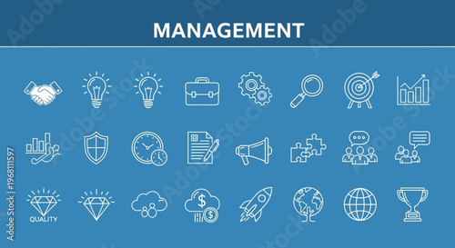 Business management concept illustration, with diverse icons and blue background graphic design