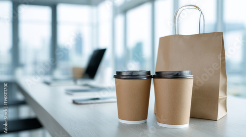 Medium shot of takeaway coffee cups and paper bags placed on modern office desk, bright corporate interior, natural daylight, clean commercial composition