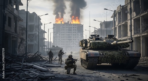 Soldiers and tank on a city street with a burning building in the distance during a conflict or war zone operation