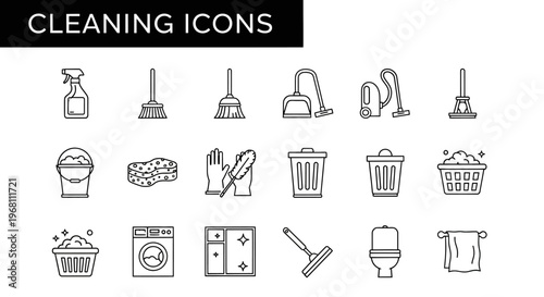 Clean home icon set: vector illustration of cleaning tools and related items design