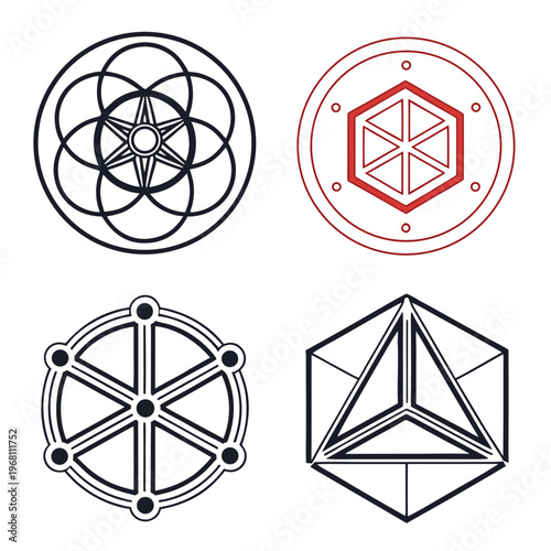 Abstract sacred geometry and alchemy symbols set for logo design, spiritual concepts, meditation, and tattoo art. vector illustration.