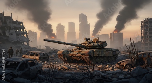 Destroyed cityscape with a tank amidst rubble and smoke