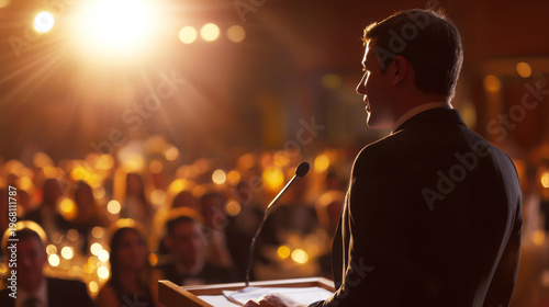 Medium shot of executive giving toast speech at corporate gala dinner, attentive audience in background, formal setting, warm spotlight illumination soft light background