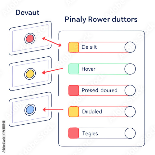 Diagram showing various states of UI buttons with labels like 'Delsilt', 'Hover', 'Presed doured', 'Diidaled', and 'Tegles' indicating their functionality.