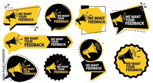 Collection of feedback request badges featuring a megaphone design in yellow and black