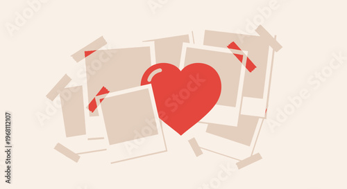 Red Heart Amidst Stacked Instant Photos with Tape, Nostalgia Concept