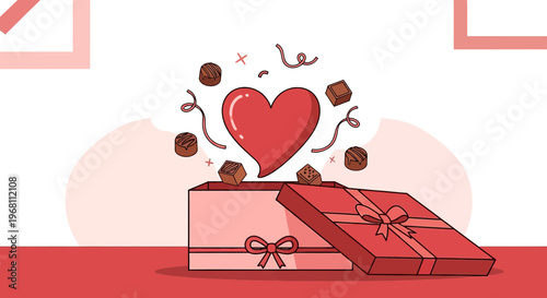 Red Heart and Chocolates Exploding from Gift Box, Valentine's Day Love Concept